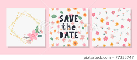 Charming Save the Date Lovely spring concept card. Awesome flowers and birds made in watercolor technique. Bright romantic card with summer flowers in vector background 77333747