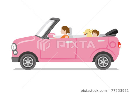 Sideways pink convertible small-mother, child and pet dog Sideways pink convertible small-mother, child and pet dog 77333921