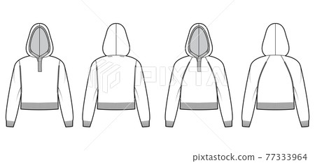Set of Hooded Sweaters cropped technical fashion illustration with henley neck, long raglan sleeves, oversized fit Set of Hooded Sweaters cropped technical fashion illustration with henley neck, long raglan sleeves, oversized fit 77333964