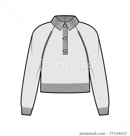 Cropped Polo Sweater technical fashion illustration with rib henley neck, classic collar, long raglan sleeve, hip length Cropped Polo Sweater technical fashion illustration with rib henley neck, classic collar, long raglan sleeve, hip length 77334037