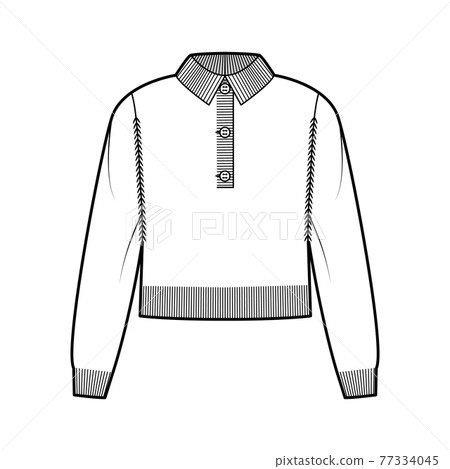 Polo cropped Sweater technical fashion illustration with rib henley neck, collar, long sleeves, waist length, knit trim Polo cropped Sweater technical fashion illustration with rib henley neck, collar, long sleeves, waist length, knit trim 77334045