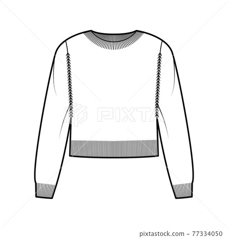 Crew neck cropped Sweater technical fashion illustration with long sleeves, relax fit, waist length, knit rib trim. Flat Crew neck cropped Sweater technical fashion illustration with long sleeves, relax fit, waist length, knit rib trim. Flat 77334050