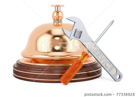 Reception bell with screwdriver and wrench. 3D rendering Reception bell with screwdriver and wrench. 3D rendering 77336928