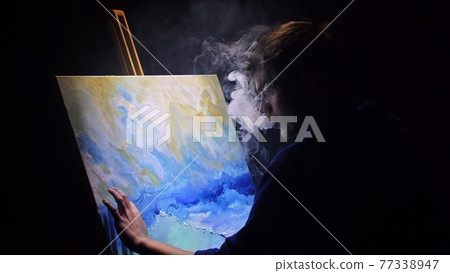 Artist copyist paint seascape with ship in ocean. Vaper smoke vape e-cigarette. Craftsman decorator draw as boat sail on blue sea with acrylic color. 77338947