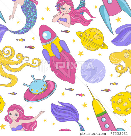 MERMAID IN UNIVERSE Cartoon Cosmos Space Sea Galactic Mermaid Princess Journey Traveling Seamless Pattern Vector Illustration For Print 77338981