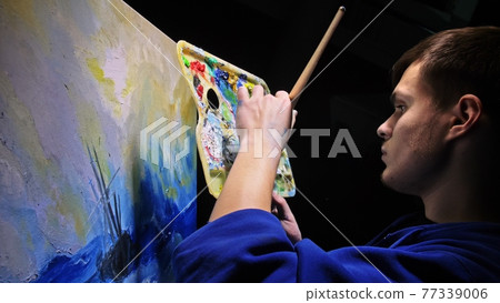 Artist copyist paint seascape with ship in ocean. Craftsman decorator draw as boat sail on blue sea. In hand of cellphone tablet computer pc. Artist copyist paint seascape with ship in ocean. Craftsman decorator draw as boat sail on blue sea. In hand of cellphone tablet computer pc. 77339006