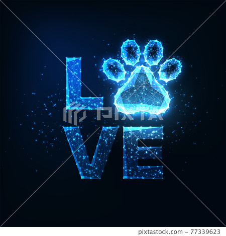 Futuristic Pet care concept with glowing low polygonal word loveand pet paw symbol Futuristic Pet care concept with glowing low polygonal word loveand pet paw symbol 77339623