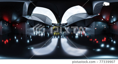 full 360 degree panorama view of empty abstract futuristic technology building interior with sky and clouds 3d render illustration hdri hdr vr style 77339907