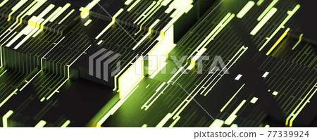 circuit board computer hardware with green led lighting 3d render illustration 77339924
