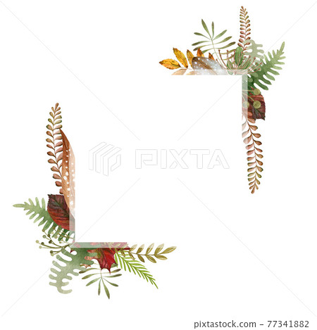 Floral natural autumn frame. Square fall decoration. Hand drawn rustic elegant frame. Festive thanksgiving decor. Watercolor countryside boho style decor of fern, forest herbs, leaves, feathers 77341882