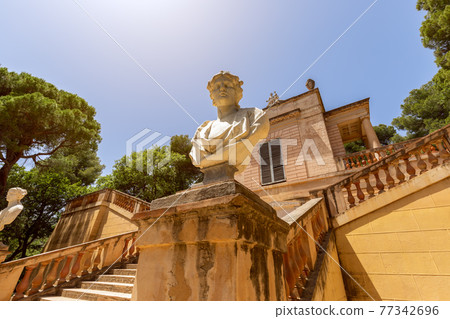 The entrance to the Park of the Labyrinth of Horta (Parc del Laberint d'Horta) in Barcelona, Spain 77342696