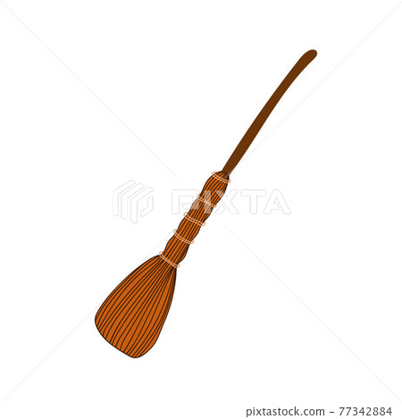 Old witch magic broom hand drawn isolated vector illustration, Halloween party design element, a witch tool for Halloween or a cleaning household appliance, holiday symbol Old witch magic broom hand drawn isolated vector illustration, Halloween party design element, a witch tool for Halloween or a cleaning household appliance, holiday symbol 77342884