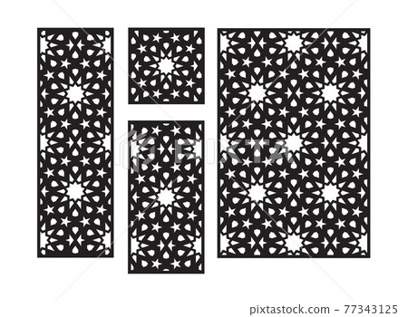 Islamic arabic laser cut pattern. Decorative panel, screen,wall. Vector cnc panels set for laser cutting. Template for interior partition, room divider, privacy fence 77343125