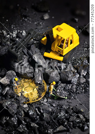 Galati, Romania - April 27, 2021 Construction site with miniature workers mining Bitcoin Galati, Romania - April 27, 2021 Construction site with miniature workers mining Bitcoin 77345209