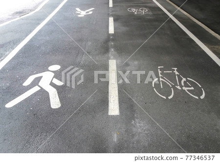 Pedestrian and bicycle street sign on asphalt in the city, with no people Pedestrian and bicycle street sign on asphalt in the city, with no people 77346537