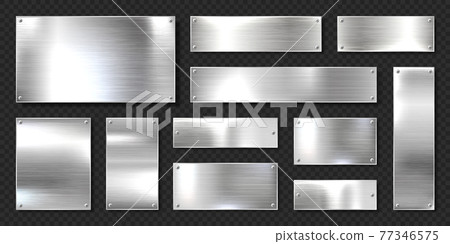 Realistic shiny metal banners set. Brushed steel plate with screws. Polished silver metal surface. Vector illustration. 77346575