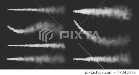 Realistic airplane condensation trails. Space rocket launch. Missile or bullet trail. Jet aircraft tracks. White smoke clouds, fog. Steam flow. Vector illustration. 77346576
