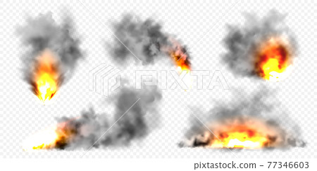 Realistic black smoke clouds and fire. Flame blast, explosion. Stream of smoke from burning objects. Forest fires. Transparent fog effect. Vector design element. Realistic black smoke clouds and fire. Flame blast, explosion. Stream of smoke from burning objects. Forest fires. Transparent fog effect. Vector design element. 77346603