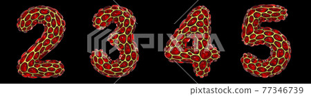 Number set 2, 3, 4, 5 made of realistic 3d render golden shining metallic. Collection of gold shining metallic with red color glass symbol Number set 2, 3, 4, 5 made of realistic 3d render golden shining metallic. Collection of gold shining metallic with red color glass symbol 77346739