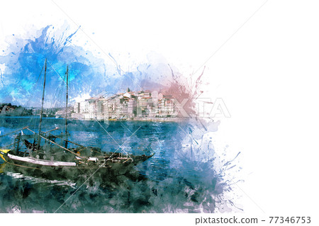 Watercolor drawing, illustration. View of two boats and a river, in the background a bridge and a city Watercolor drawing, illustration. View of two boats and a river, in the background a bridge and a city 77346753