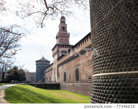 view of outer wall of Sforza Castle in Milan city 77346818