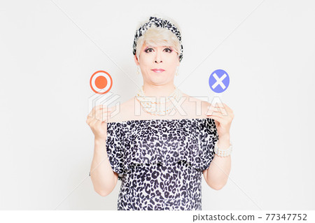 Drag queen standing in front of white background with OK and NG placards 77347752