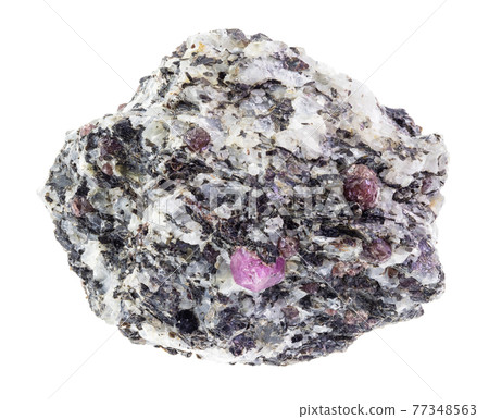 corundum crystals in rough gneiss stone on white 77348563