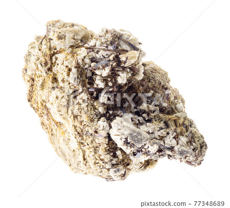 Astrophyllite in rough Natrolite rock on white Astrophyllite in rough Natrolite rock on white 77348689