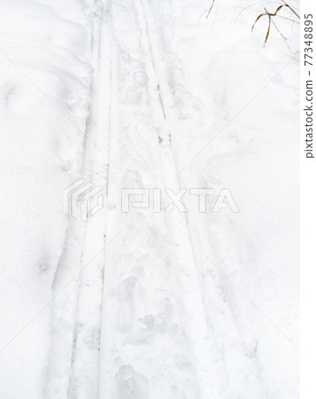 ski track in deep snow on overcast winter day ski track in deep snow on overcast winter day 77348895