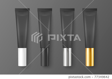 Vector 3d Realistic Plastic, Metal Black Lip Balm, Lipstick, Cream Tube, Packing Set Isolated on Black Background. Design Template of Toothpaste, Cosmetics, Cream, Tooth Paste for Mockup. Top View 77349642