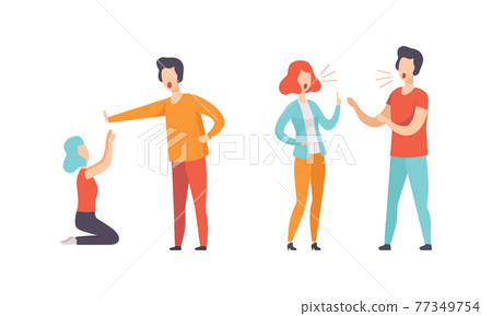 Man and Woman Quarrelling and Arguing with Each Other Shouting and Yelling Vector Illustration Set 77349754
