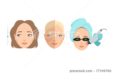 Face Skin Care and Cosmetic Treatment with Female Head in Wrapped Towel Having Dermal Procedure Vector Set Face Skin Care and Cosmetic Treatment with Female Head in Wrapped Towel Having Dermal Procedure Vector Set 77349760