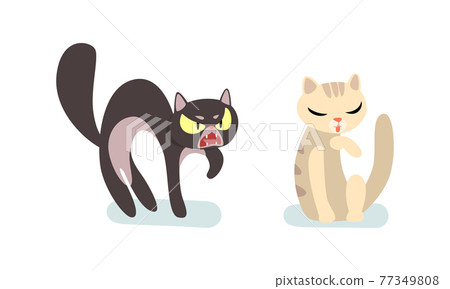 Comic Cat as Four-footed Domestic Pet Animal Sitting and Standing Vector Set 77349808