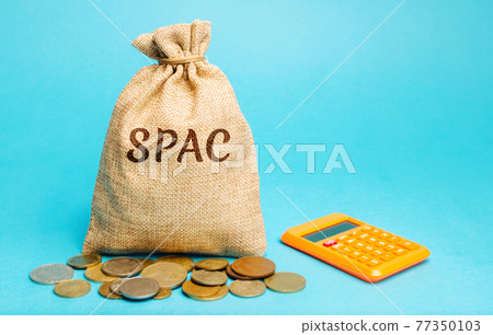Money bag with the word SPAC - Special purpose acquisition company. Simplified listing of company, merger bypassing stock exchange IPO. Assessment of benefits and risks of investments 77350103