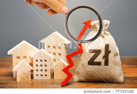 Polish zloty money bag and residential buildings with an up arrow. The concept of increasing the cost of housing. The growth of rent and mortgage rates. Raising rents, property taxes. Subsidized funds Polish zloty money bag and residential buildings with an up arrow. The concept of increasing the cost of housing. The growth of rent and mortgage rates. Raising rents, property taxes. Subsidized funds 77350106