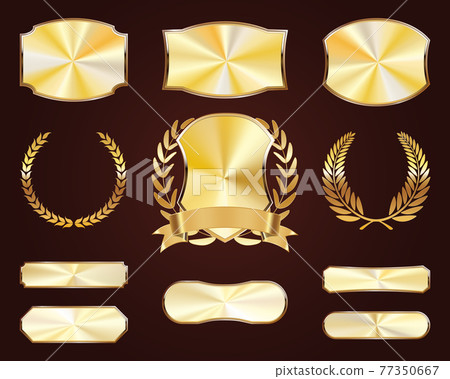 Set of golden shields. Luxury gold labels. Glossy metal badges. Collection of seals, laurel. 77350667