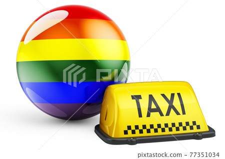 Yellow taxi car signboard with rainbow LGBT flag, 3D rendering 77351034