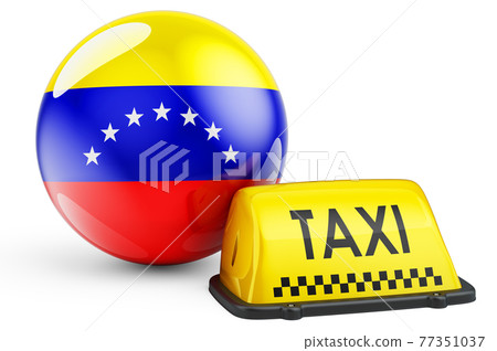 Taxi service in Venezuela concept. Yellow taxi car signboard with Venezuelan flag, 3D rendering 77351037