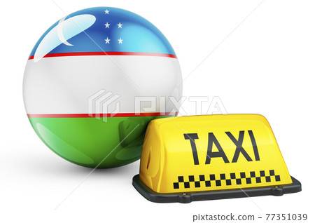 Taxi service in Uzbekistan concept. Yellow taxi car signboard with Uzbek flag, 3D rendering 77351039