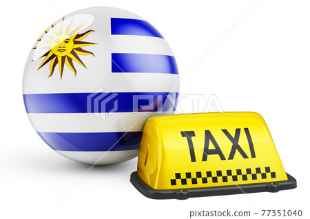 Taxi service in Uruguay concept. Yellow taxi car signboard with Uruguayan flag, 3D rendering 77351040