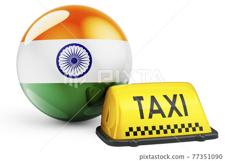 Taxi service in India concept. Yellow taxi car signboard with Indian flag, 3D rendering 77351090