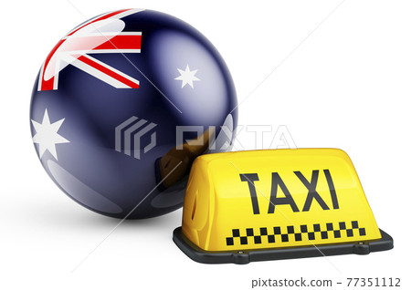 Taxi service in Australia concept. Yellow taxi car signboard with Australian flag, 3D rendering Taxi service in Australia concept. Yellow taxi car signboard with Australian flag, 3D rendering 77351112
