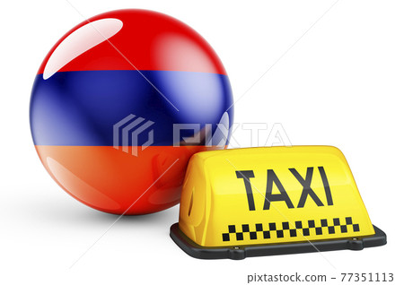 Taxi service in Armenia concept. Yellow taxi car signboard with Armenian flag, 3D rendering 77351113