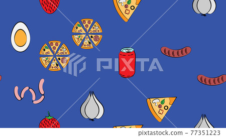 Seamless endless pattern of different delicious hearty hot sausages, soda, fast food pizzas on a blue background. Texture Seamless endless pattern of different delicious hearty hot sausages, soda, fast food pizzas on a blue background. Texture 77351223