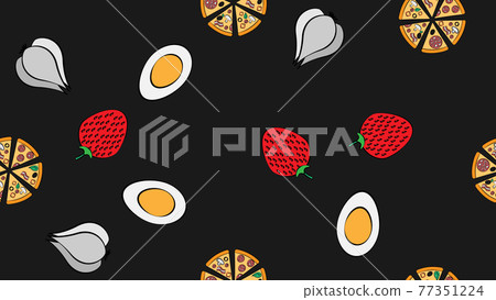 Seamless pattern pizza garlic strawberry eggs fast food delicious sweet fresh beautiful on a black background. The texture is endless Seamless pattern pizza garlic strawberry eggs fast food delicious sweet fresh beautiful on a black background. The texture is endless 77351224