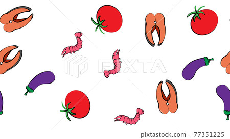 Seamless pattern vegetables and seafood eggplant shrimp salmon tomatoes delicious sweet fresh beautiful on a white background. The texture is endless Seamless pattern vegetables and seafood eggplant shrimp salmon tomatoes delicious sweet fresh beautiful on a white background. The texture is endless 77351225