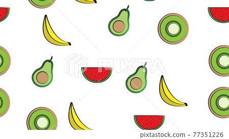 Seamless pattern banana kiwi watermelon avocado delicious sweet fresh beautiful on white background. The texture is endless Seamless pattern banana kiwi watermelon avocado delicious sweet fresh beautiful on white background. The texture is endless 77351226