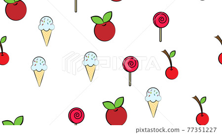Seamless endless pattern of different delicious hearty ice cream berries fast food sweets on a white background. Texture Seamless endless pattern of different delicious hearty ice cream berries fast food sweets on a white background. Texture 77351227