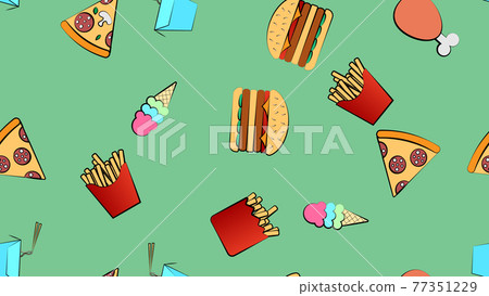 Seamless endless pattern of assorted delicious hearty hot fries, gpizza, ice cream fast food on a green background. Texture 77351229
