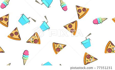 Seamless endless pattern of different delicious hearty hot pizzas, noodles, ice cream fast food on a white background. Texture 77351231